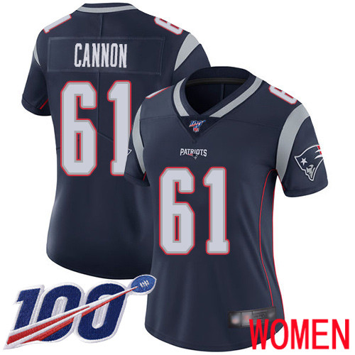New England Patriots Football #61 100th Limited Navy Blue Women Marcus Cannon Home NFL Jersey->women nfl jersey->Women Jersey
